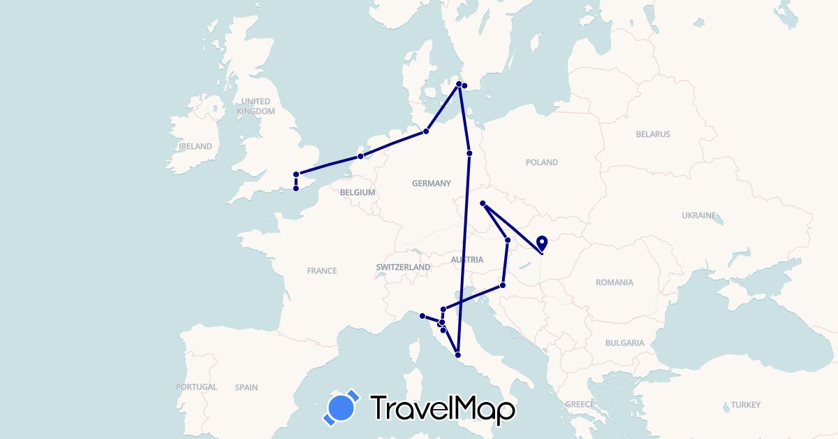 TravelMap itinerary: driving in Austria, Czech Republic, Germany, Denmark, United Kingdom, Croatia, Hungary, Italy, Netherlands, Sweden (Europe)